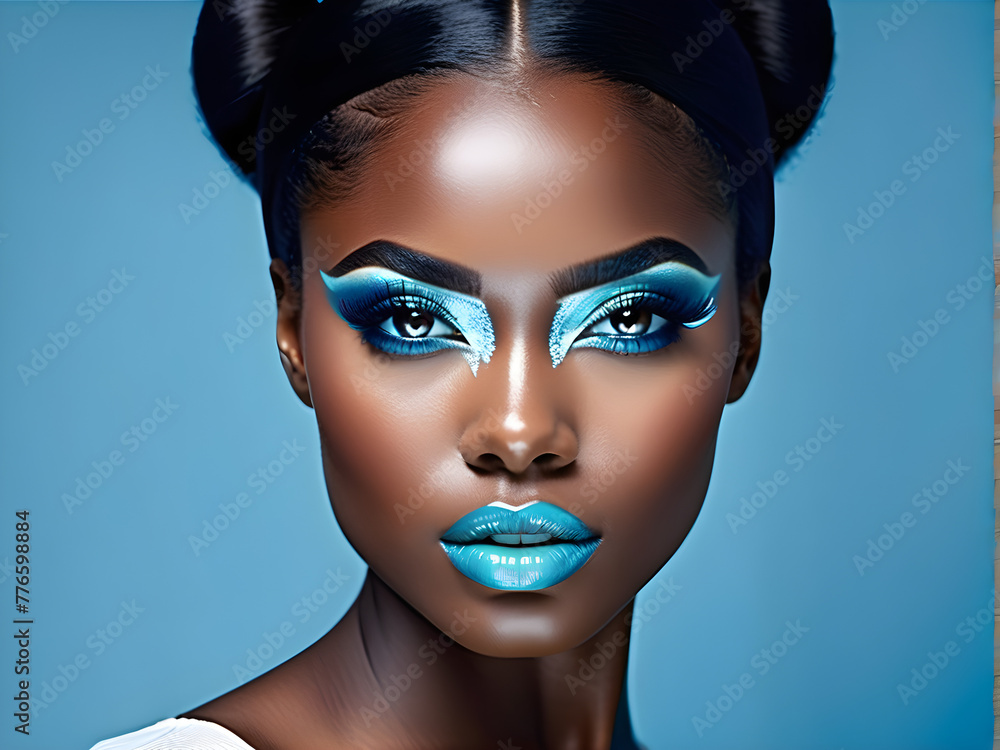 Serenity in the Sky: Beautiful Black Women on Sky Blue Background(Generative AI)