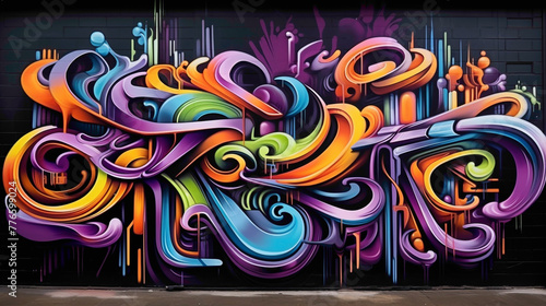Bold and expressive graffiti-style lettering takes center stage in a captivating street art piece, complemented by swirling abstract shapes that animate the urban environment with vitality.