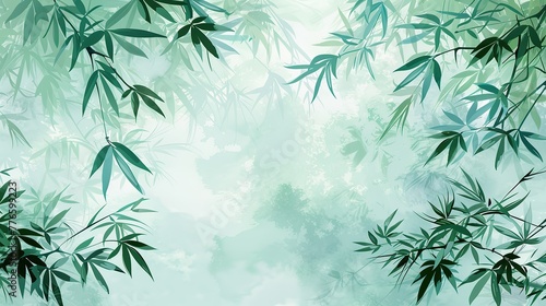 There is a bamboo forest with bamboo leaves, in a vector illustration style with simple lines and a flat design on a white background with a light green and blue color