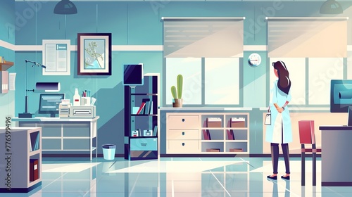A vector illustration portraying a female doctor in a general practitioner's office interior. The scene depicts a hospital examination room equipped with medical facilities