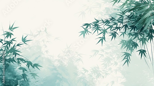 There is a bamboo forest with bamboo leaves  in a vector illustration style with simple lines and a flat design on a white background with a light green and blue color