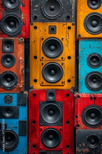 colorful wall of music speakers in different sizes