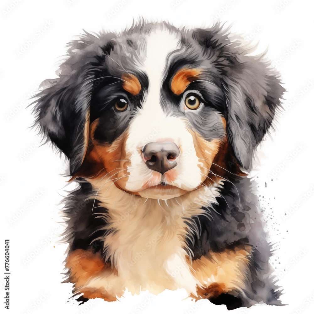 Bernese mountain dog. Bernese mountain dog. Puppy clipart. Watercolor illustration. Generative AI. Detailed illustration.