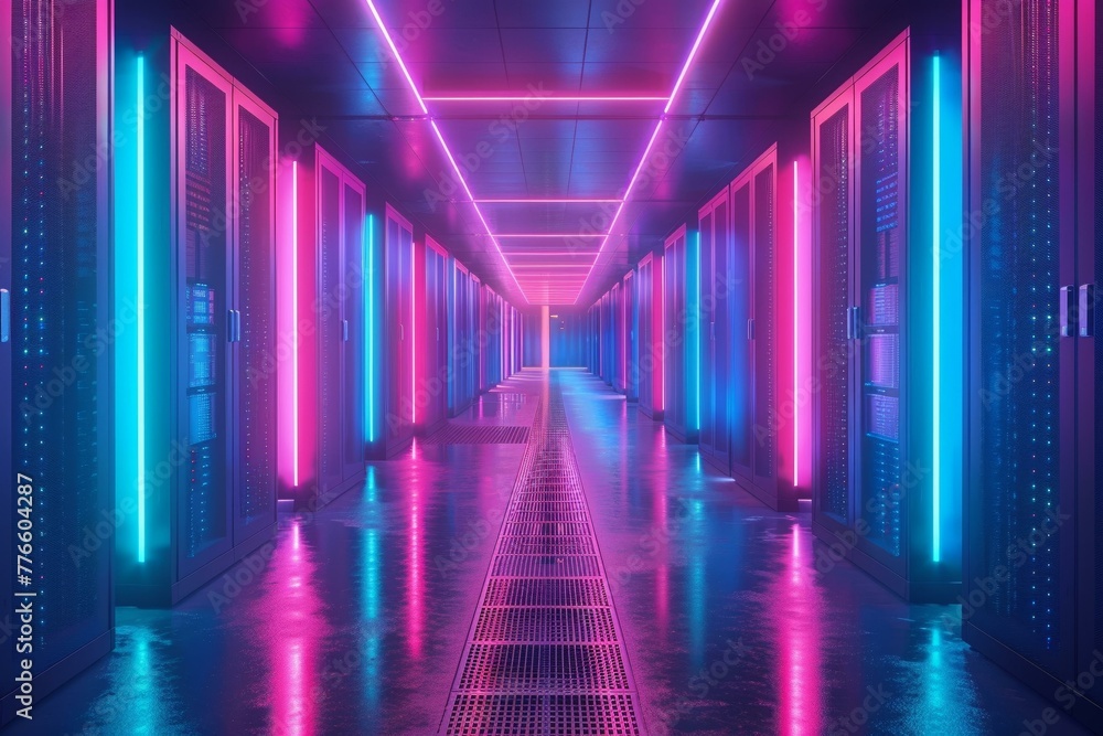 Neon lights of data streaming in server room