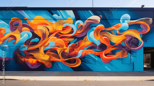 Bold strokes of graffiti-style lettering intertwine with fluid abstract shapes in a street art mural, creating a dynamic visual experience that captivates the imagination. photo