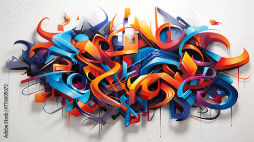 Bold strokes of spray paint forming intricate graffiti-style lettering, accompanied by dynamic abstract shapes that leap off the wall, infusing the cityscape with energy and vibrancy.