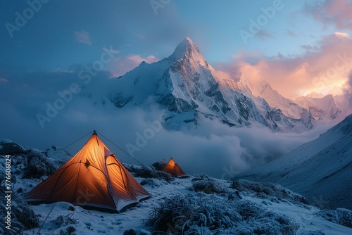 Fireside mountain refuge, tents in twilight © Seksan