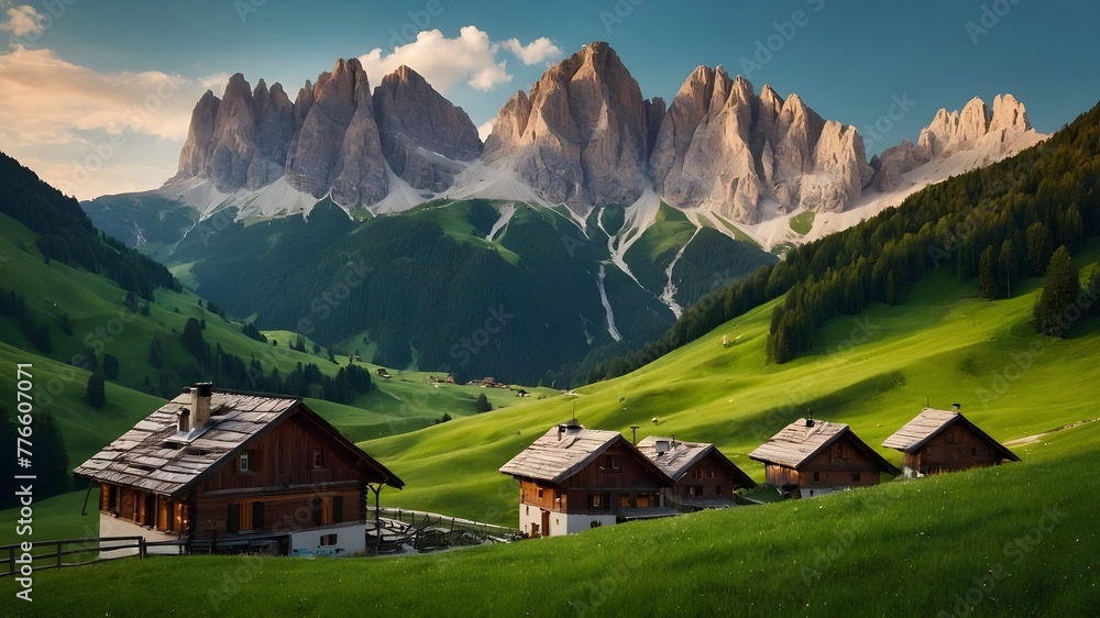 An idyllic scene of verdant meadows and tiny settlements tucked away among towering peaks in the Dolomites, Italy