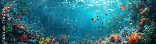 A serene underwater scene populated by digital sea creatures, Wide-angle view, super detailed , 3D style