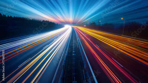 High-speed light trails on a dark highway, conveying motion and energy
