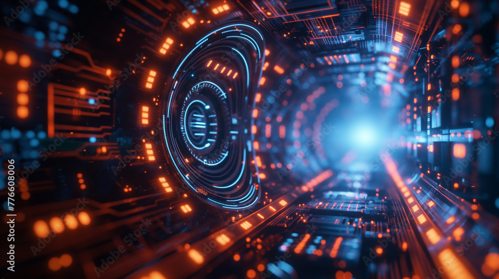 Fototapeta premium 3D Futuristic circuit background. Motion graphic for abstract data center, server, internet, speed. Futuristic HUD tunnel. Display screens for tech titles and background, tech headline.