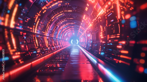3D Futuristic circuit background. Motion graphic for abstract data center, server, internet, speed. Futuristic HUD tunnel. Display screens for tech titles and background, tech headline. © Wasin Arsasoi