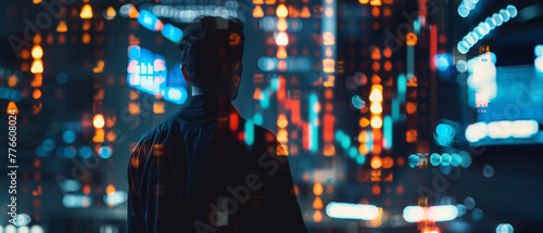 Holographic trading volumes and patterns illuminating a stockbroker  dark  futuristic trading floor background
