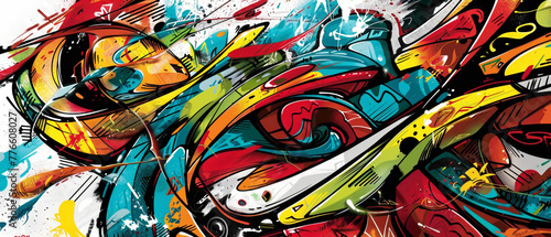 Dynamic graffiti-style lettering intertwines with elaborate abstract motifs, forming a captivating street art masterpiece that transforms the urban landscape into a vibrant and dynamic canvas .