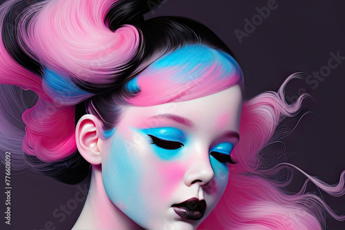Fashion portrait of a beautiful girl with pink hair and blue make-up