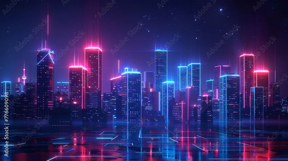 Glowing futuristic cityscape with neon outlines on buildings, under a dark sky