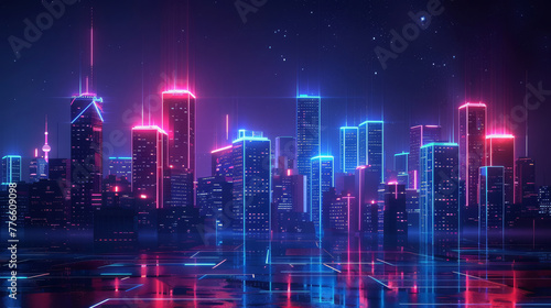Glowing futuristic cityscape with neon outlines on buildings, under a dark sky