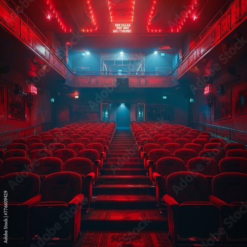 Dark movie theater, rows of seats in deep red color