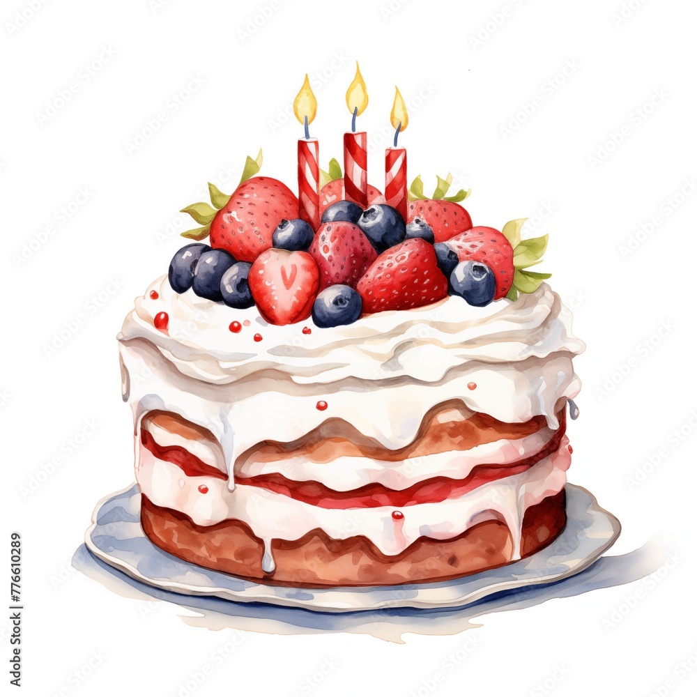 Birthday cake. Party cake clipart. Watercolor illustration. Generative AI. Detailed illustration. Birthday cake. Party cake clipart. Watercolor illustration. Generative AI. Detailed illustration.
