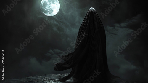 The moon casts a haunting glow over a lone figure cloaked in a cascading black satin cape their face obscured by the depths of the midnight shadows leaving their identity to the imagination. .