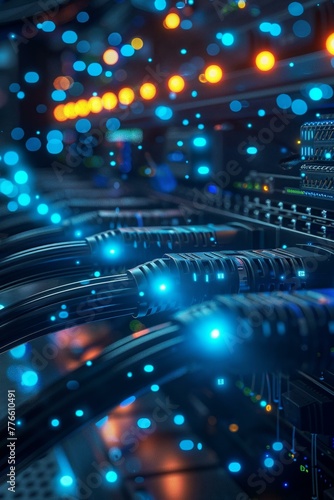 Data cables in server, glowing blue web banner