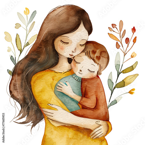 Watercolor illustration of a bonding moment between mother and child, flowers in the background. Mother's day graphics, relationship between mother and child