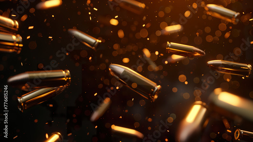 3D metal bullets flying against a dark background, incredibly realistic.