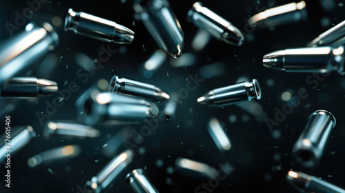 3d metal bullets flying on dark background super realistic