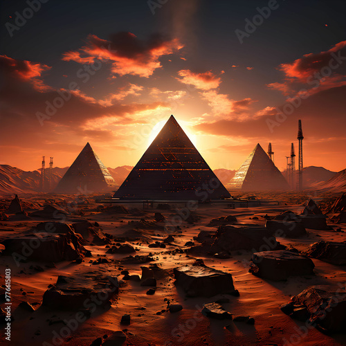 Pyramids construction landscape with sunrise