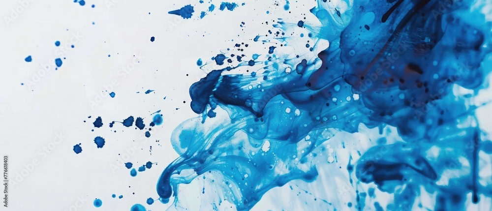Blue Ink Stain on a Sheet of White Paper Macro. Abstract Background. Spreads Ink Stains with Streaks on a White Background. Absorb Close-up