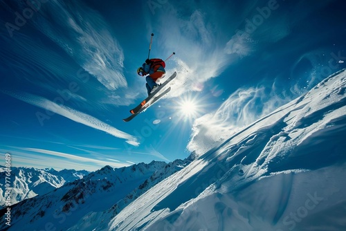 Professional skier performing aerial trick off snow ramp against blue sky and snowy mountain landscape, extreme winter sports action photography