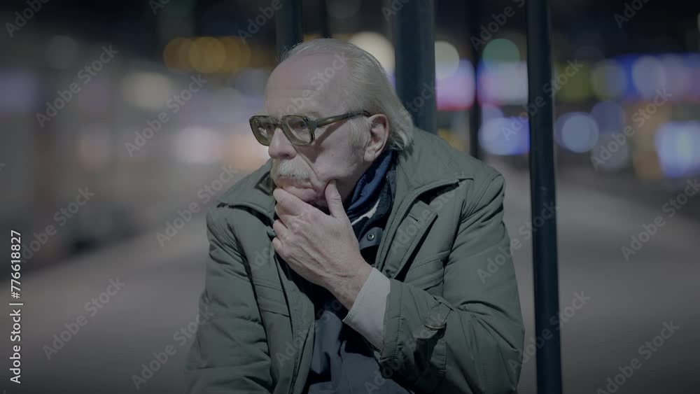 Elderly Homeless Man Suffering from Poverty Looking for Help at Train Station Elderly Homeless Man Suffering from Poverty Looking for Help at Train Station