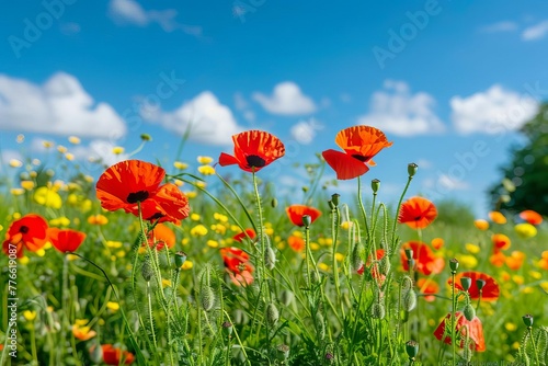 Idyllic summer meadow with vibrant red poppies and lush green grass under sunny blue sky, nature photography