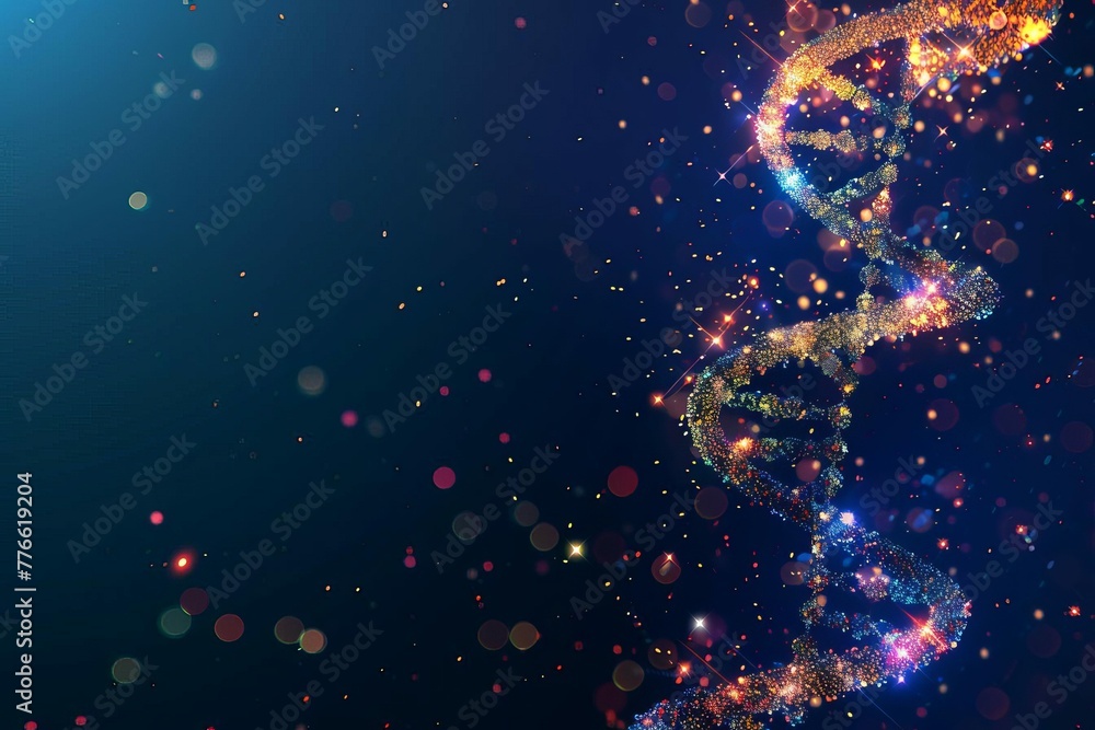 Colorful DNA helix model with glowing particles on dark blue background, science and biotechnology concept illustration