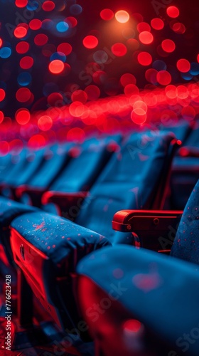 Provide a closeup look of the audience seats, bathed in a mesmerizing blend of blue and red lights