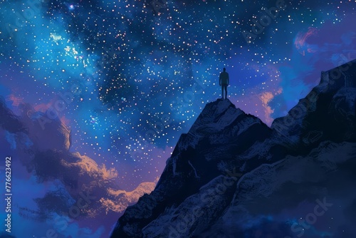 Man standing on mountain at night with starry sky and Milky Way, digital painting