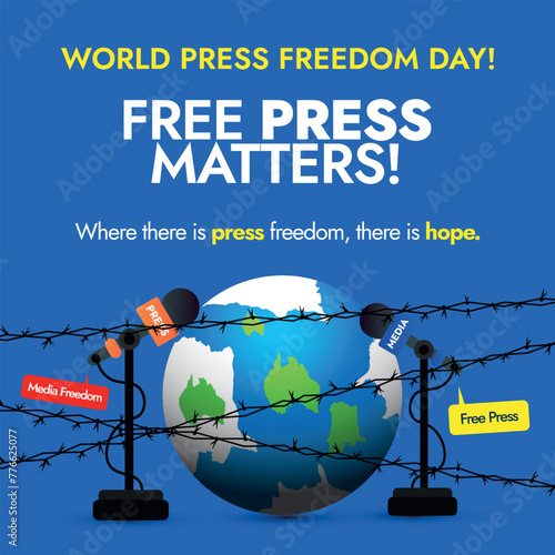 World Press Freedom Day. 3rd May World Press Freedom day banner, social media post with earth globe, microphone seized by barbed, fencing wire. Freedom of expression, journalism, truth conceptual post
