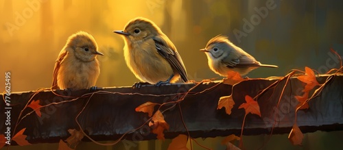 Three small birds are sitting on a rustic wooden fence covered with green leaves, enjoying the peaceful outdoors © AkuAku
