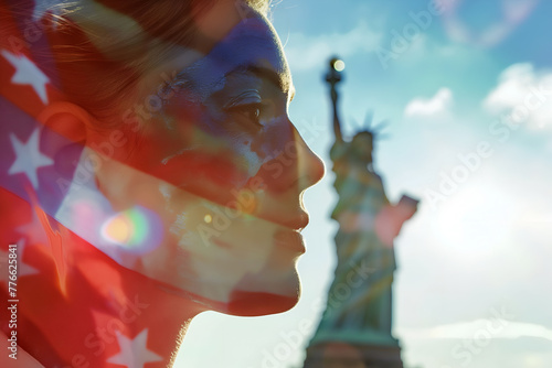 High fashion portrait of model with make up of American flag on face. Blurred Statue of Liberty on background. 4th of July Independence Day celebration