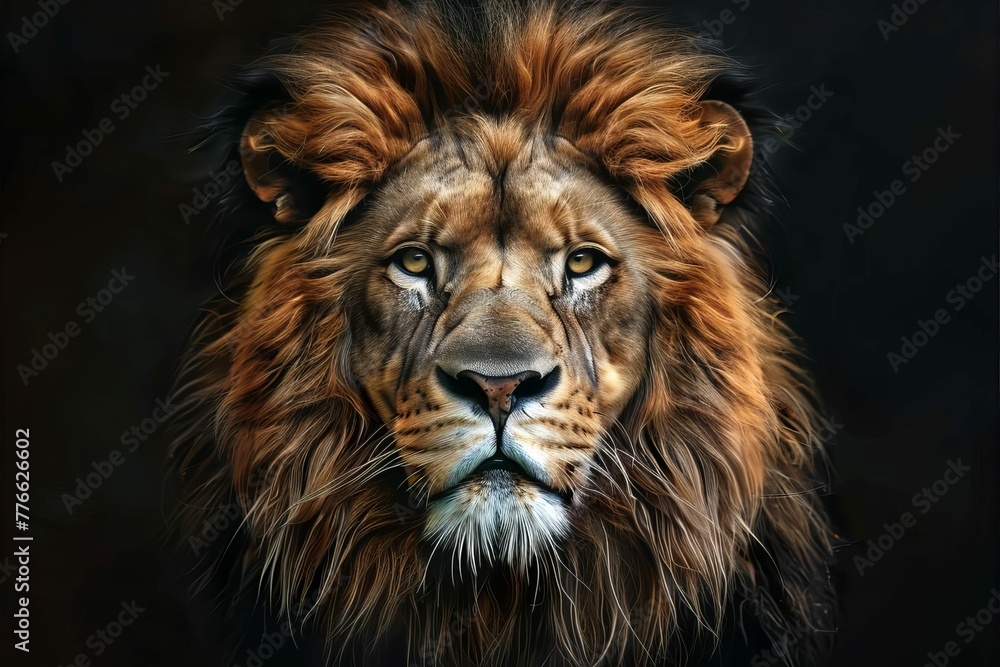 Majestic lion portrait on black background, powerful king of the jungle, digital painting