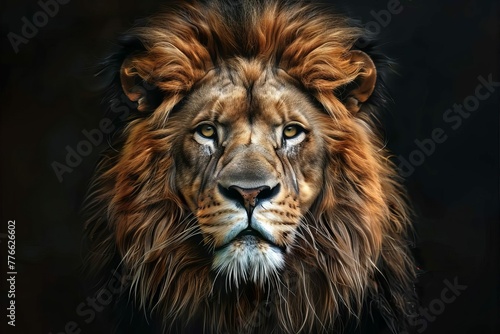 Majestic lion portrait on black background  powerful king of the jungle  digital painting