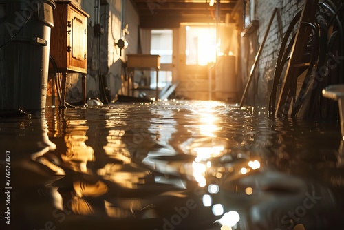 Flooded basement with water damage, home disaster and insurance concept, photo illustration