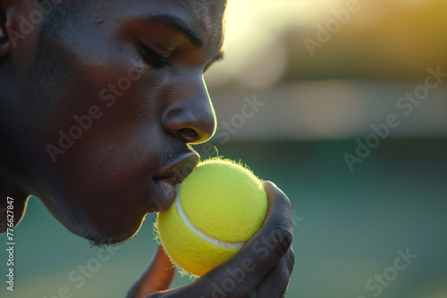 black male tennis player kissing a tennis ball with love, emotion and dedication reflected in his gesture, dedication and passion of athlete and game concept © angyim