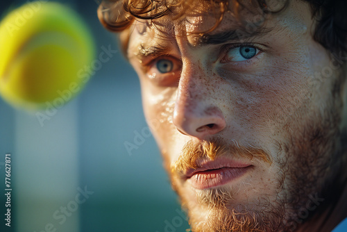 European male tennis player and blurred tennis ball, expressing his deep love for the sport, dedication and passion of athlete and game concept © angyim