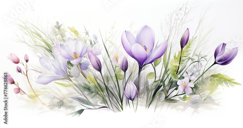 Watercolor  delicate pastel spring flowers in the lower corner 1 3 from the whole picture  crocuses  snowdrops  willow branches  white background  elegant details