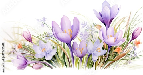 Watercolor  delicate pastel spring flowers in the lower corner 1 3 from the whole picture  crocuses  snowdrops  willow branches  white background  elegant details