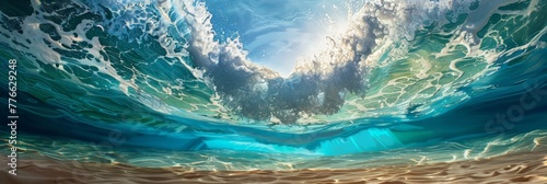 Depict an underwater perspective of waves from below the surface, highlighting the dance of light and shadows as the water moves, offering a unique view of the ocean's energy.