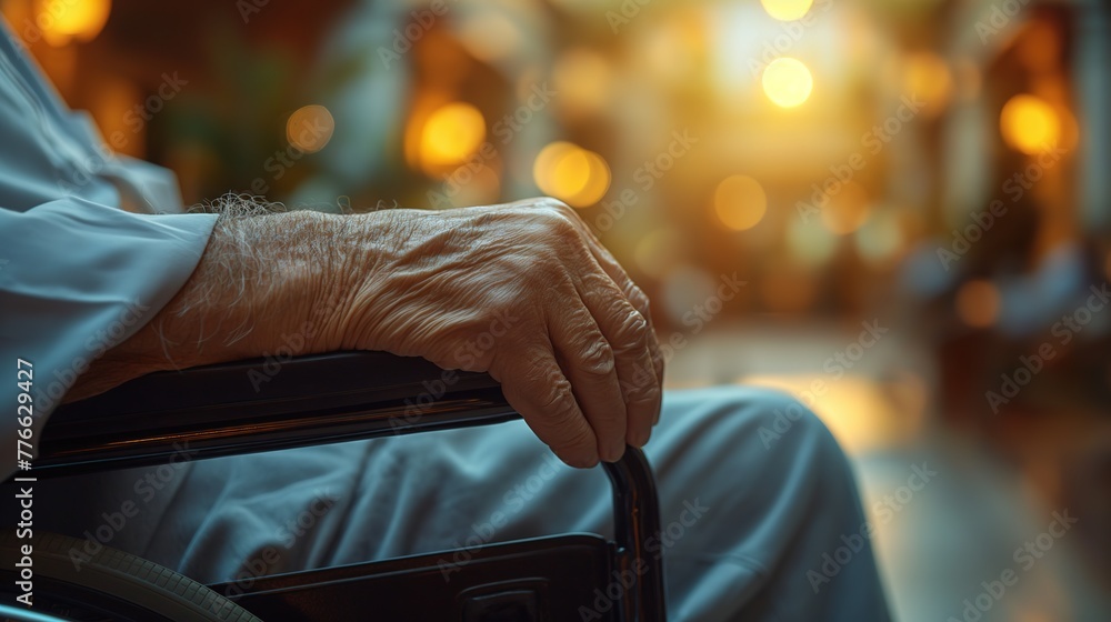 Elderly Person Contemplating in Wheelchair at Sunset Elderly Person Contemplating in Wheelchair at Sunset