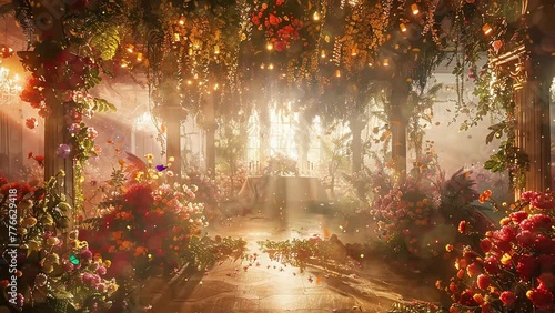 enchanted garden ballroom within a magical realm. seamless looping overlay 4k virtual video animation background photo