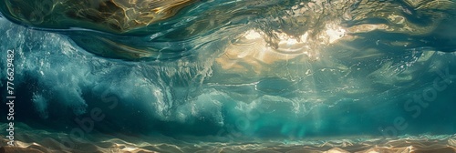 Depict an underwater perspective of waves from below the surface, highlighting the dance of light and shadows as the water moves, offering a unique view of the ocean's energy.